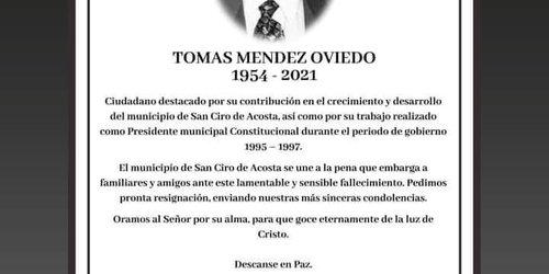Murió ex alcalde de San Ciro Tomás Méndez Oviedo