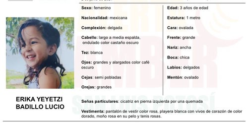 Activan FGE alerta Amber para localizar a una niña de Matehuala