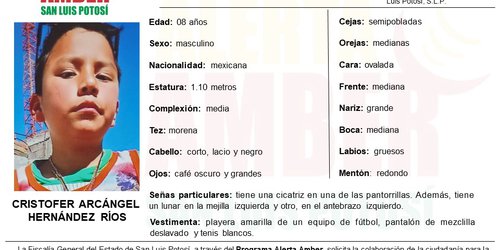 Se inicia Alerta Amber para localizar a niño de ocho años en la capital potosina
