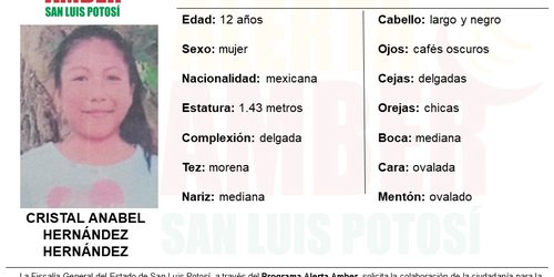 Alerta Amber para localizara una persona de 12 años de edad en la Huasteca Potosina