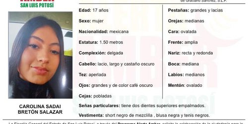 Activan FGESLP alerta Amber para localizar a adolescente en Soledad de Graciano Sánchez