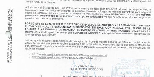 Pide Secretaría de Salud suspender evento Reto Paredes