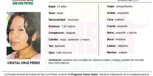 Fiscalía activó Alerta Amber para la búsqueda de una adolescente de 14 años en la Huasteca Potosina