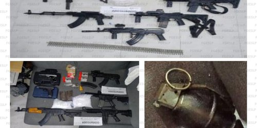 Aseguran 14 armas, droga y vehículos en domicilio de la capital potosina