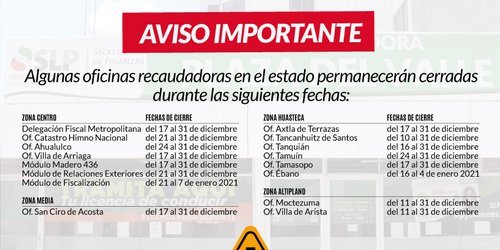 Listado de oficinas recaudadoras que permanecerán cerradas hasta el 31 de diciembre